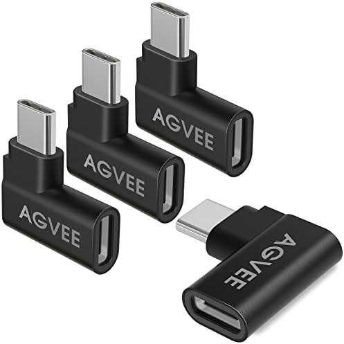 AGVEE [4 חבילה] 90 מעלות זווית ימנית USB-C זכר ל- USB-C מתאם מתאם נשי ממיר וידאו סוג C 10G סיומת נתונים מחבר מצמד, שחור